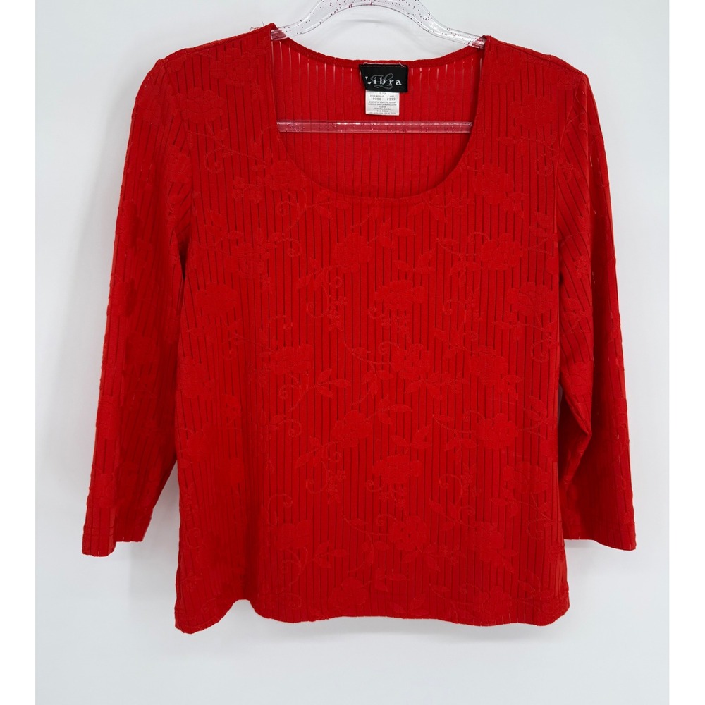 Libra Red Floral Burnout Ribbed Scoop Neck 3/4 Sleeve Top Sz L Made in Canada